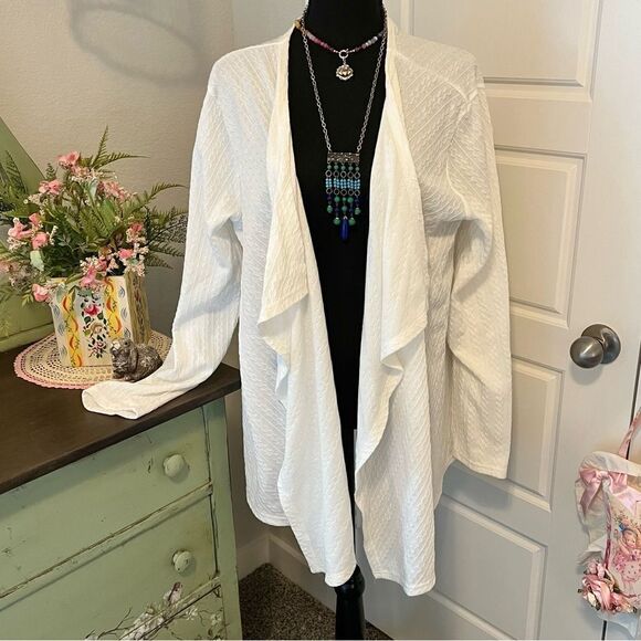 Le Moda NWT Ivory Knit Drape Open Front Sweater Cardigan Sz L Cracker Barrel - Picture 1 of 11
